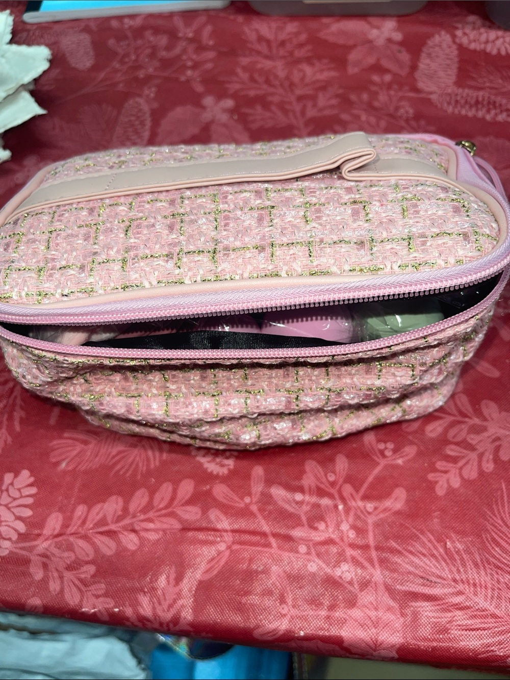 Pink Tweed Cosmetic Bag - Stylish Travel Pouch